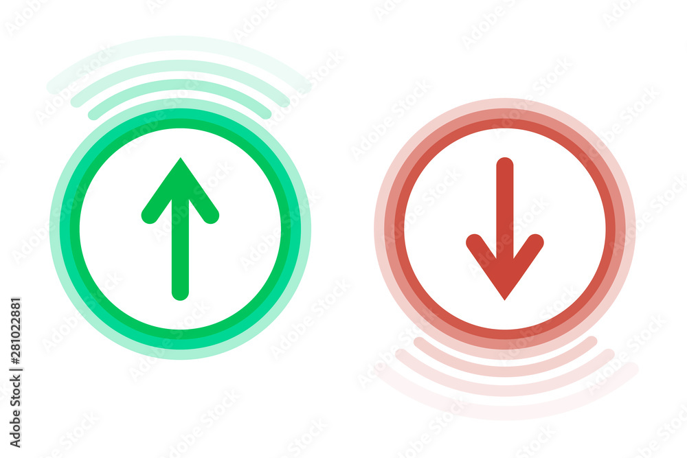 Poster a green circle icon in the upper part and a red icon with an arrow down on a white background. in th