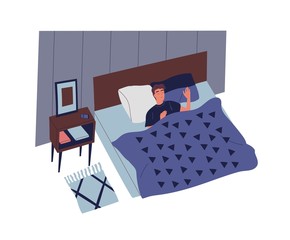 Cute young man sleeping in bedroom at night. Male character lying in comfortable bed and falling asleep. Rest and relaxation in everyday life. Colorful vector illustration in flat cartoon style.