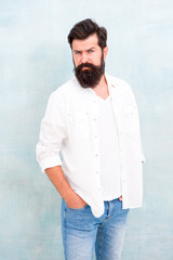 Male temper brutality. Brutal macho casual outfit gray background. Simple and casual. Casual style...