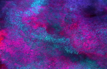 Neon watercolor on black paper background. Vivid ink textured blue, pink and purple color canvas...