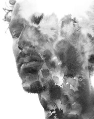 Paintography. Double exposure of an attractive male model combined with hand drawn ink paintings...