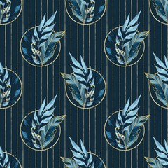 Blauwe naadloze patroon met bladeren. Achtergrond voor inpakpapier, kunst aan de muur