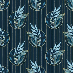 Foto op Plexiglas Blauw goud Blauwe naadloze patroon met bladeren. Achtergrond voor inpakpapier, kunst aan de muur