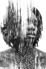 Paintography. Expressive African man combined with dramatic double exposure art techniques and hand drawn paintings