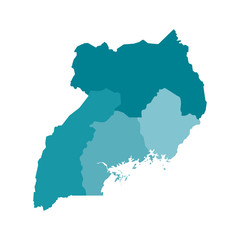 Fototapeta premium Vector isolated illustration of simplified administrative map of Uganda. Borders of the regions. Colorful blue khaki silhouettes
