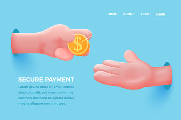 Vector site concept - cartoon 3d realistic hand give golden dollar to other, with place for your text. Finance landing page template.