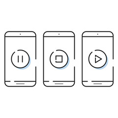 Three smartphone icons in simple line style. Outline cell phone vector for for website and app.Symbols for media player.