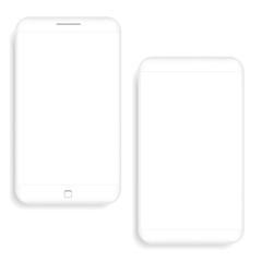 Two white realistic smartphones vector mockup. Trendy clay mobile phones template with blank screen for design app.