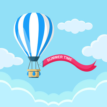 Hot air balloon with basket isolated on background. Travel, adventure, flight in sky concept. Vector flat design