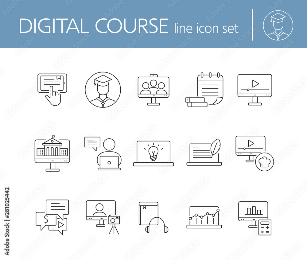 Poster digital course line icon set. student, computer, lection. e-learning concept. can be used for topics