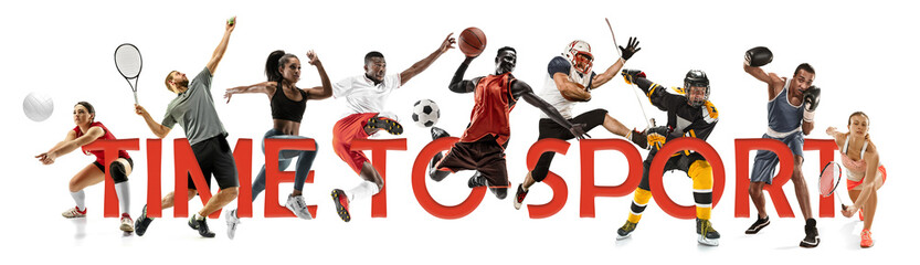 Fototapeta na wymiar Creative collage of sportsmen in action of game on white background. Advertising, sport, healthy lifestyle, motion, activity, movement concept. American football, soccer, tennis, volleyball, box.