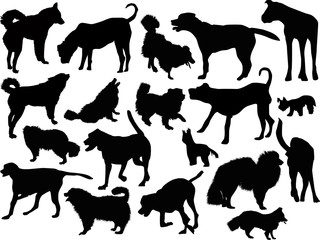 set of nineteen dogs silhouettes isolated on white