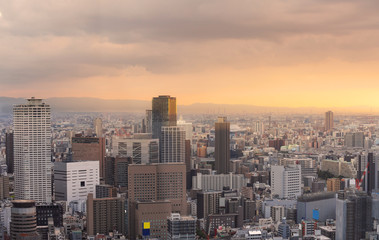 Panoramic business district of Osaka city, Japan in sunset