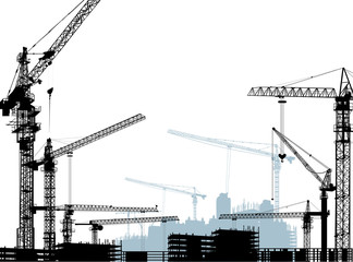 seven black and four grey building cranes on white