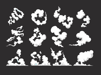 Cartoon smoke. Smoking car motion clouds cooking smog smell dust toxic blast vector isolated comic collection. Smog cloud, dust smoke effect illustration