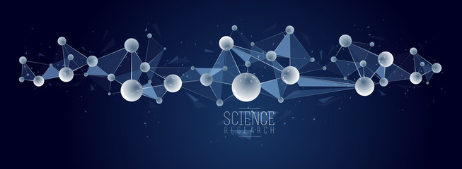 Molecules vector abstract background, 3D dimensional science chemistry and physics theme design element, atoms and particles micro nano scientific illustration.