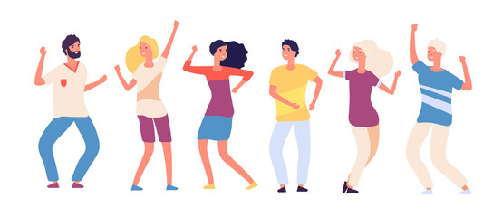 Cartoon dancing people. Happy young persons dance, joyful adults woman and man dancers. Party crowd in club isolated vector characters. Illustration of girl and boy dance at party