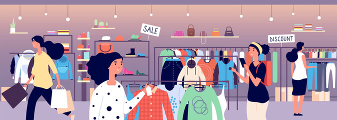 Women in clothing store. People shoppers choosing fashion clothes in boutique. Garment shop interior vector concept. Illustration of boutique clothing, fashion store mall
