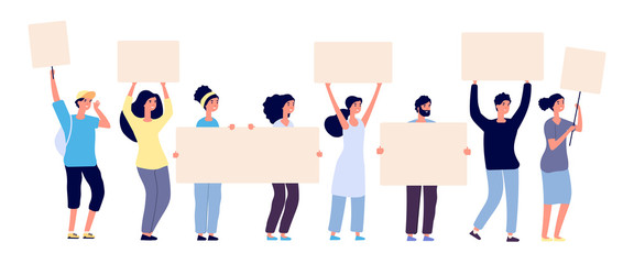 Protest. People crowd holding blank banners, manifesting activists demonstrating empty signs. Street demonstration vector concept. Illustration of placard protester, political revolution, demonstrate