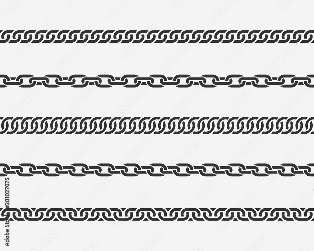 Poster set seamless chain link. different chains silhouette black and white isolated on background. chainle