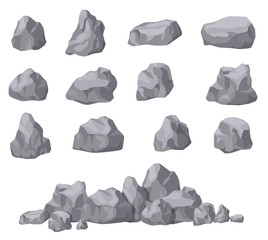 Cartoon stones. Rock stone isometric set. Granite boulders, natural building block shapes. 3d decoration isolated vector collection. Illustration of boulder geology, nature stone material - obrazy, fototapety, plakaty