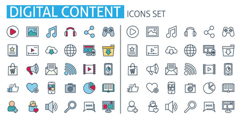 Digital content icons set. For content marketing app, banner, digital technologies, Social network