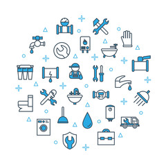 Pipeline plumbing banner. Round concept template. Thin line web symbols outline flat