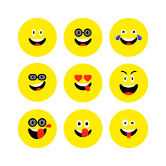 Happy Emojis icons Set flat style. Round сute Emoticons to World Smile Day.