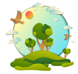 Green fields and trees scenic landscape of summer with clouds birds and sun in the sky, paper cut style childish illustration, holidays in countryside, travel and tourism theme.