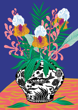 Flowervase with plants and flowers in chineese vase on table with blue background