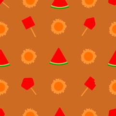 Seamless pattern with watermelon and sun background vector illustration. A slice of watermelon. Tasty healthy seasonal summer fruit, vitamin. Striped. Can be used as packaging