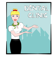 Beautiful girl meets guests and offers to go to the clinic.