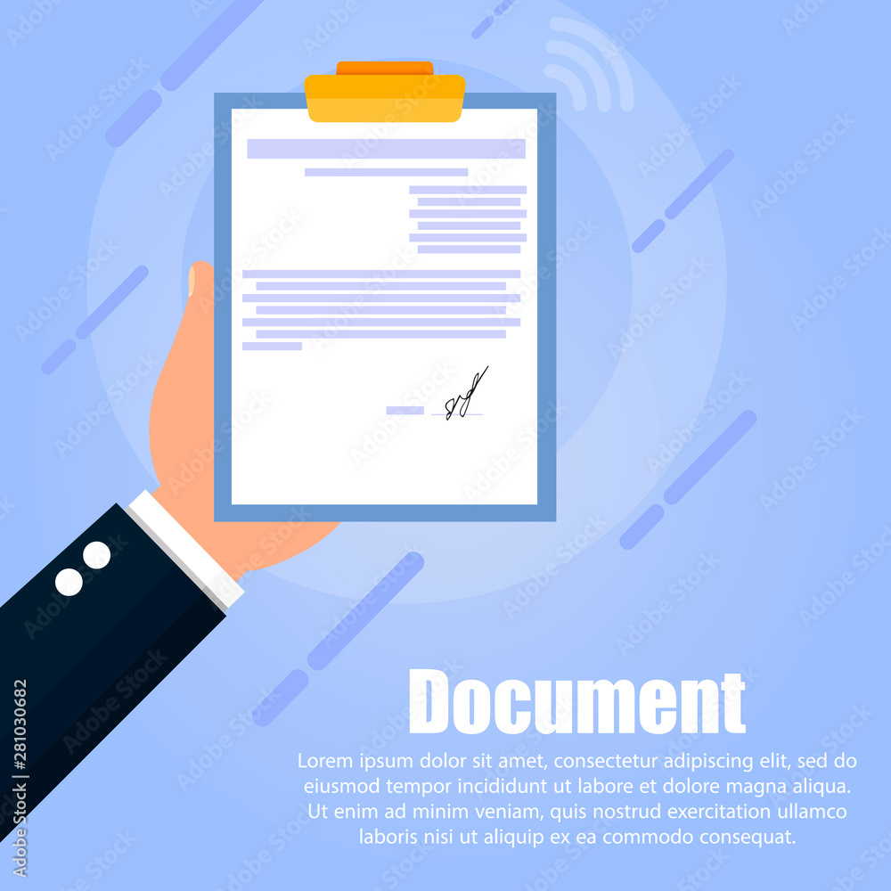 Poster the hand holds a tablet with a document in which the text is written and the signature is provided o