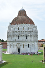 View from the city walls to the monuments of Pisa in Italy.