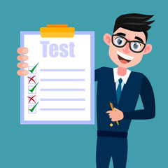 A student in a blue suit holds a tablet with a test.