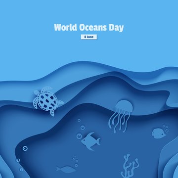 Paper cut butterflyfish, jellyfish, moonfish, turtle. Paper craft underwater ocean cave with fishes, coral reef, seabed in algae, waves. Diving concept, deep blue marine life. Vector sea wildlife