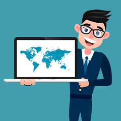 A man wearing a blue suit keeps a computer with a world map on the screen.