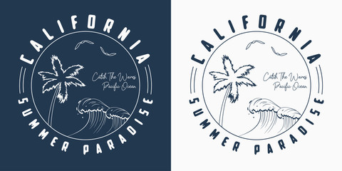 California t shirt design with hand drawn palm trees and waves. Slogan tee shirt typography. Vector illustration.