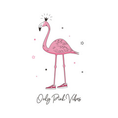 Pink Vibes slogan for t shirt design with flamingo princess in sneakers. Tee shirt typography with tropical bird in crown, print for girls and kids apparel. Vector illustration.
