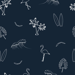 Seamless pattern with hand drawn elements - palm trees, surfboards, waves, flamingo, tropical leaves and gull birds. Vector illustration.