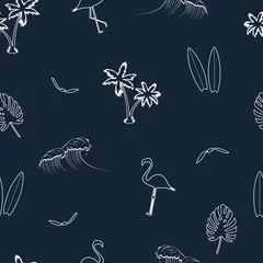 Papier Peint photo autocollant Mer Motif harmonieux d& 39 éléments dessinés à la main - palmiers, planches de surf, vagues, flamants roses, feuilles tropicales et oiseaux goélands. Illustration vectorielle.