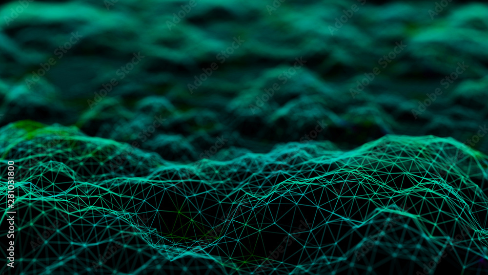Poster cybernetic futuristic background. big data visualization. technological 3d landscape. abstract grid 