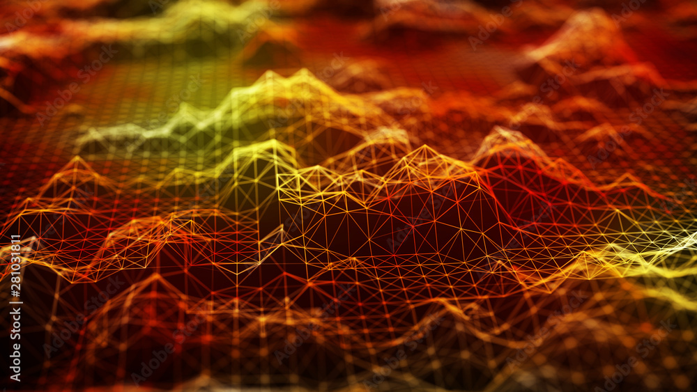 Poster cybernetic futuristic background. big data visualization. technological 3d landscape. abstract grid 