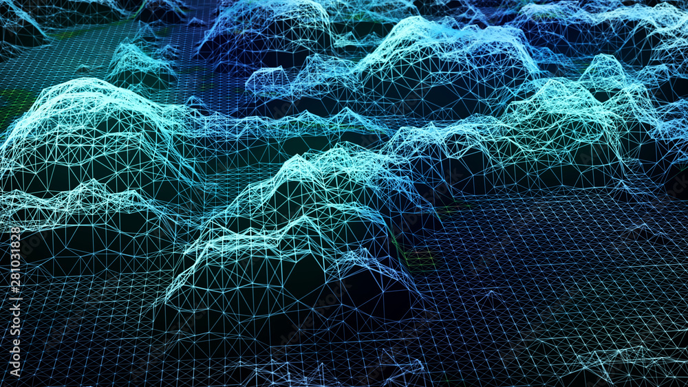 Poster cybernetic futuristic background. big data visualization. technological 3d landscape. abstract grid 
