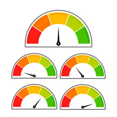 Five speedometer icons. Colorful Info-graphic. White background.