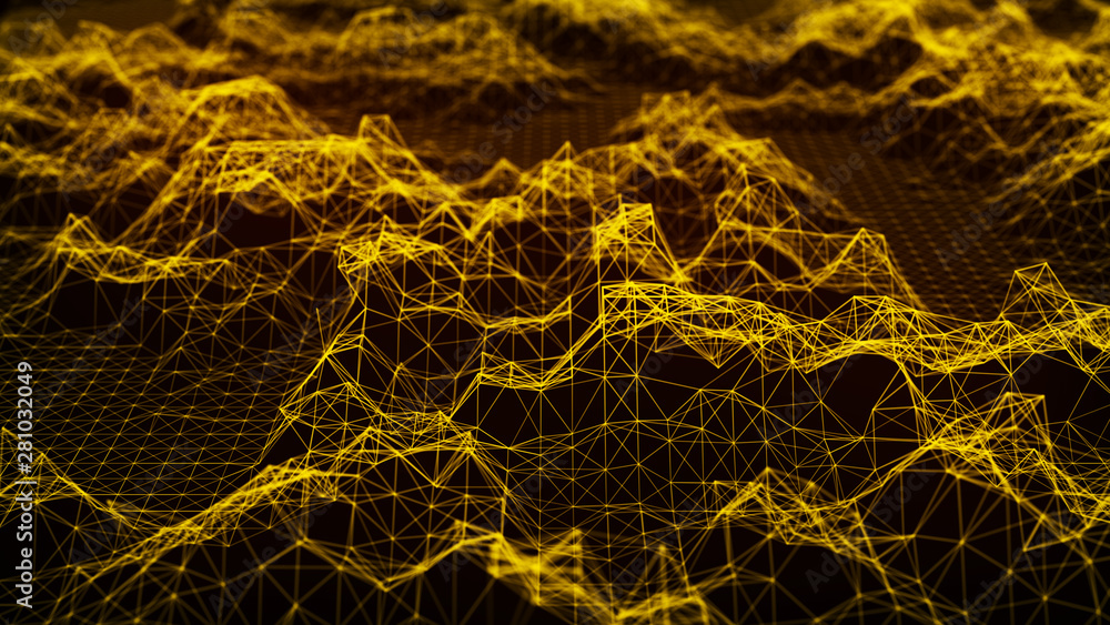 Poster cybernetic futuristic background. big data visualization. technological 3d landscape. abstract grid 