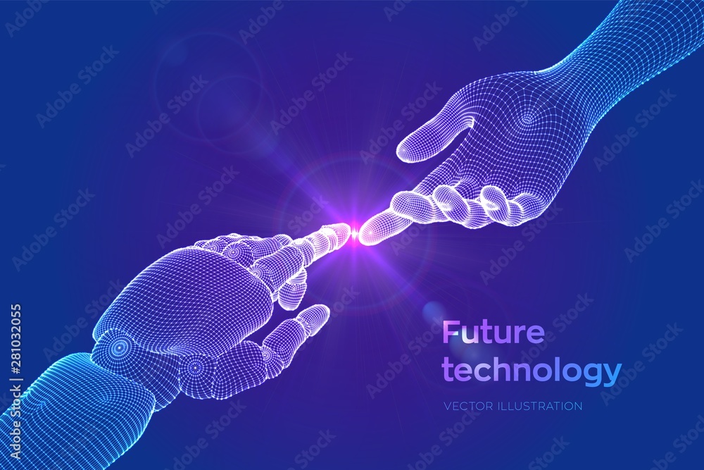 Poster hands of robot and human touching. cyborg finger about to touch human finger. symbol of connection b
