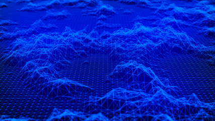 Cybernetic futuristic background. Big data visualization. Technological 3D landscape. Abstract grid illustration. 3D rendering. Artificial intelligence.