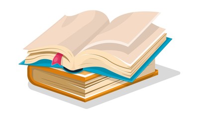 Opened blue book with empty sheets and pink bookmark is on closed blue another. Diary, sketchbook. Vector cartoon illustration for creative, educational, publishing literary projects isolated on white
