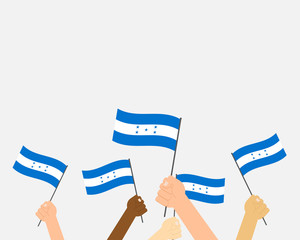 Vector illustration hands holding Honduras flags on white background - obrazy, fototapety, plakaty